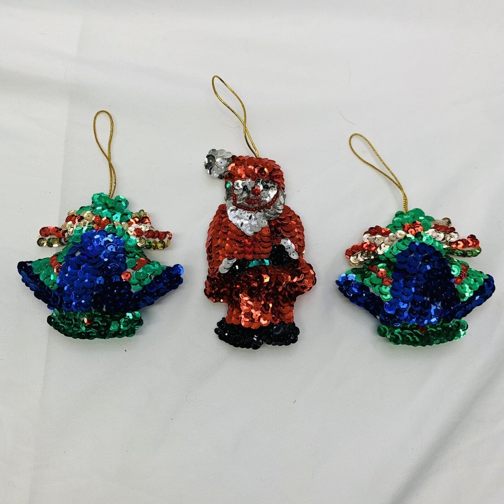 Vintage Hand Stitched Beads Sequin CHRISTMAS TREE ORNAMENTS Lot Set of 3‎ Pieces